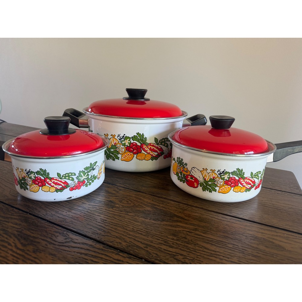 Vintage Enamel Cookware Set 3 Pots Red Lids White Vegetable Print Good Retro 70s